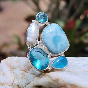 Silver 925 Ring Genuine Blue Larimar Chalc dony Stone Boho Unique Jewelry